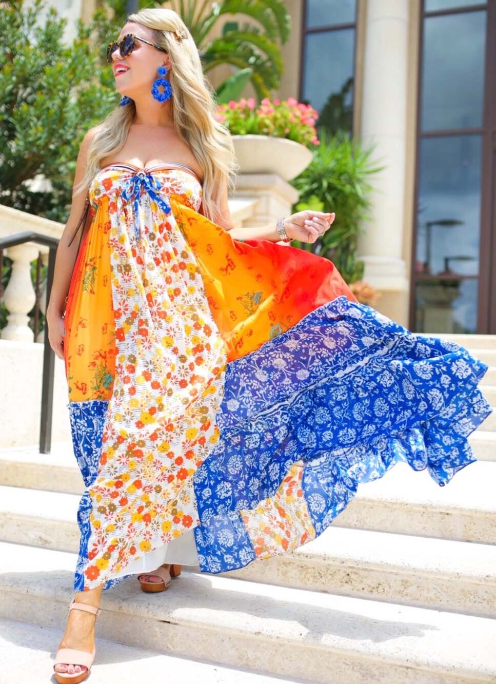 Free People Golden Dreams Strapless Maxi Dress Blue & Orange Floral New Small